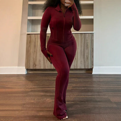 Women's Sexy Zip Up Crop Top & Flare Pants 2 Piece Set