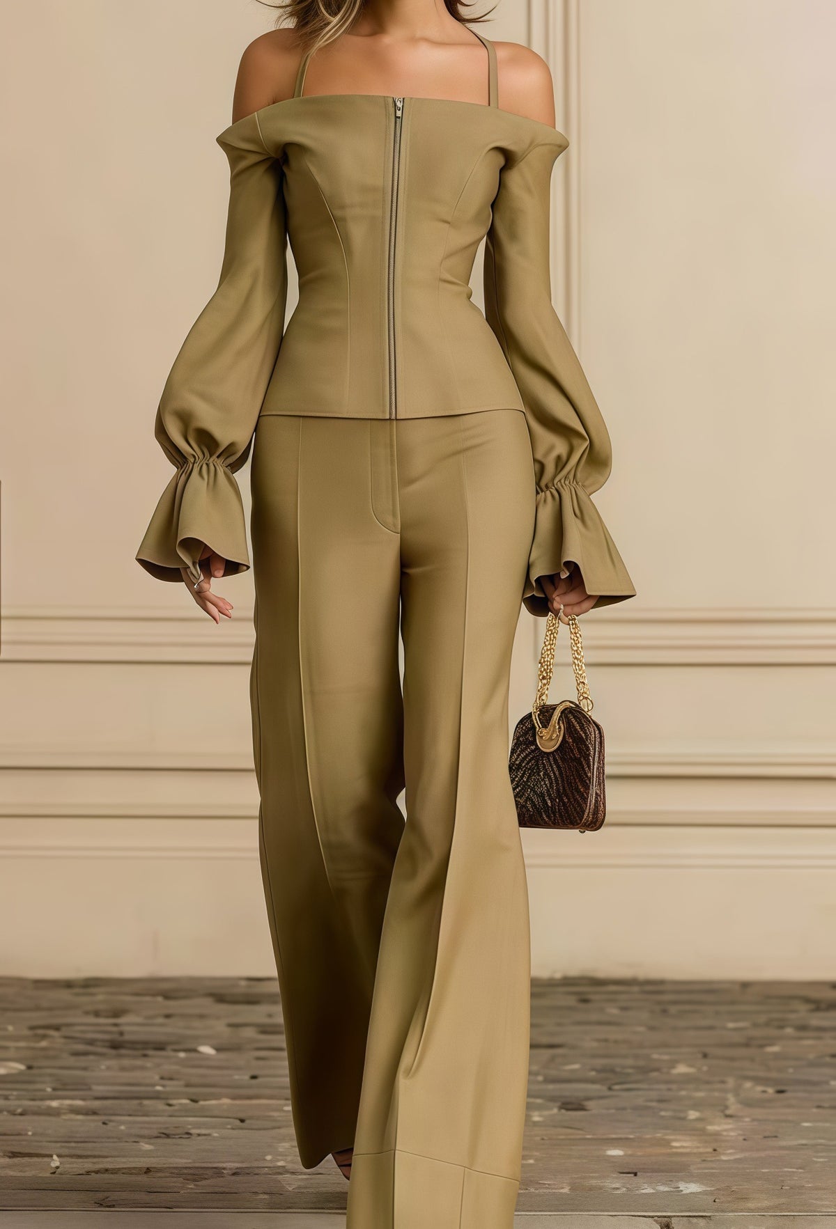 Women's Elegant Two Piece Bell Sleeve Wide Leg Pant Set