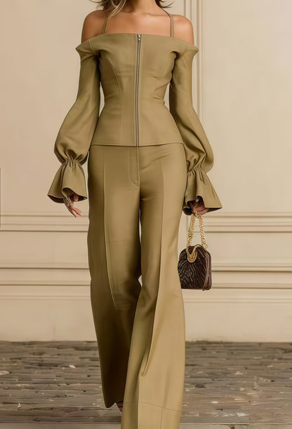 Women's Elegant Two Piece Bell Sleeve Wide Leg Pant Set