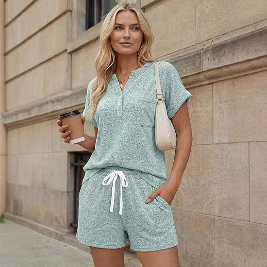 Knit Two Piece Set Short Sleeve Top Shorts Lounge Outfit