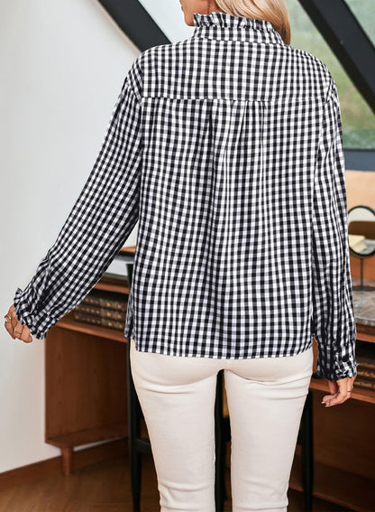 Women's Gingham Ruffle V Neck Long Sleeve Blouse