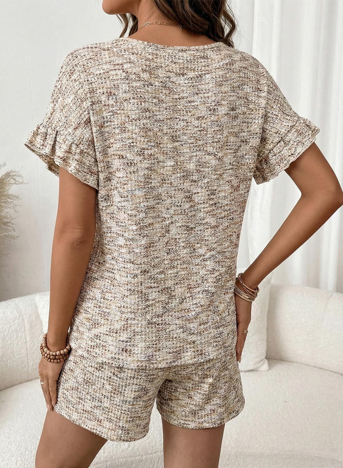 Textured Knit Lounge Set Ruffle Sleeve Drawstring