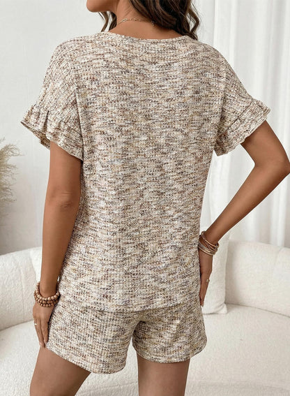 Textured Knit Lounge Set Ruffle Sleeve Drawstring