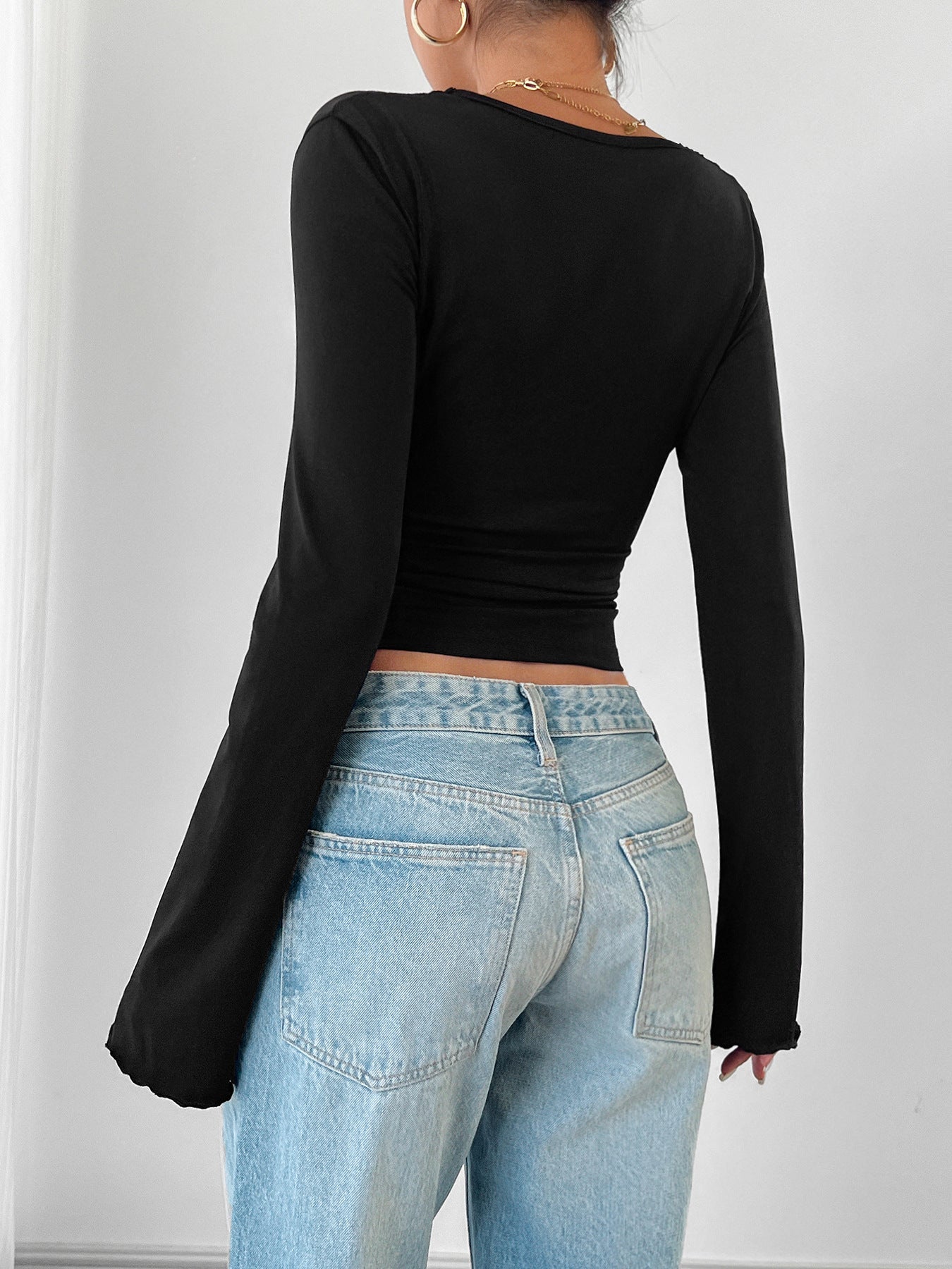 V-Neck Lace Trim Long Sleeve Sexy Slim Top for Women