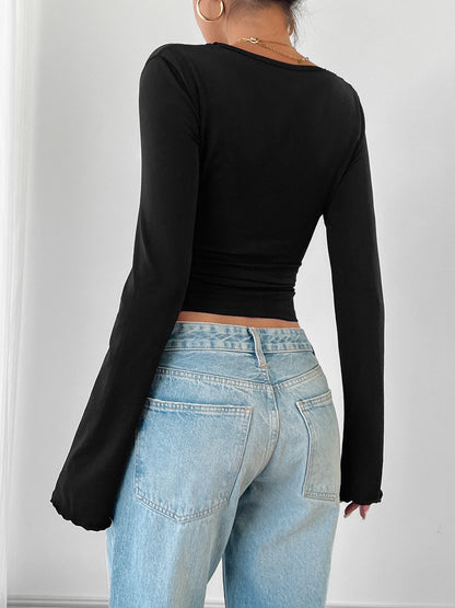 V-Neck Lace Trim Long Sleeve Sexy Slim Top for Women
