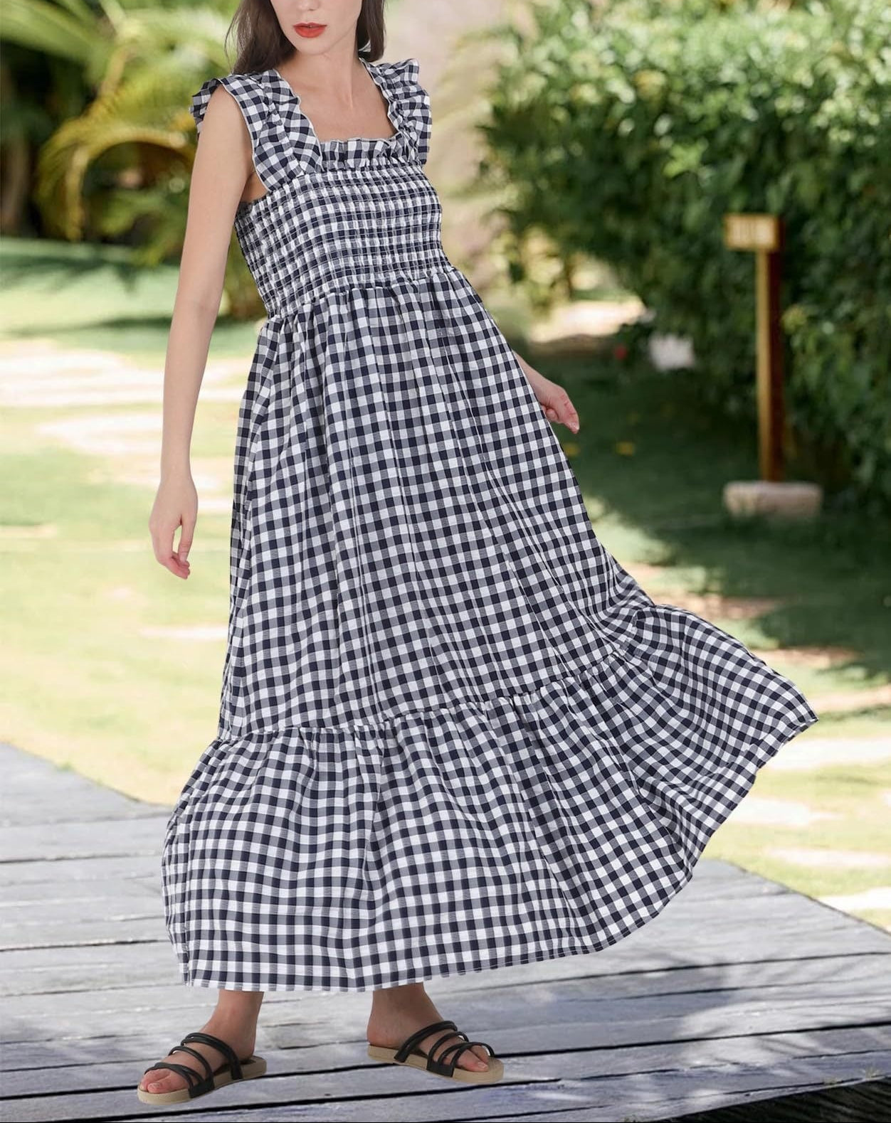 Gingham Smocked Maxi Dress Square Neck Ruffle Sleeve
