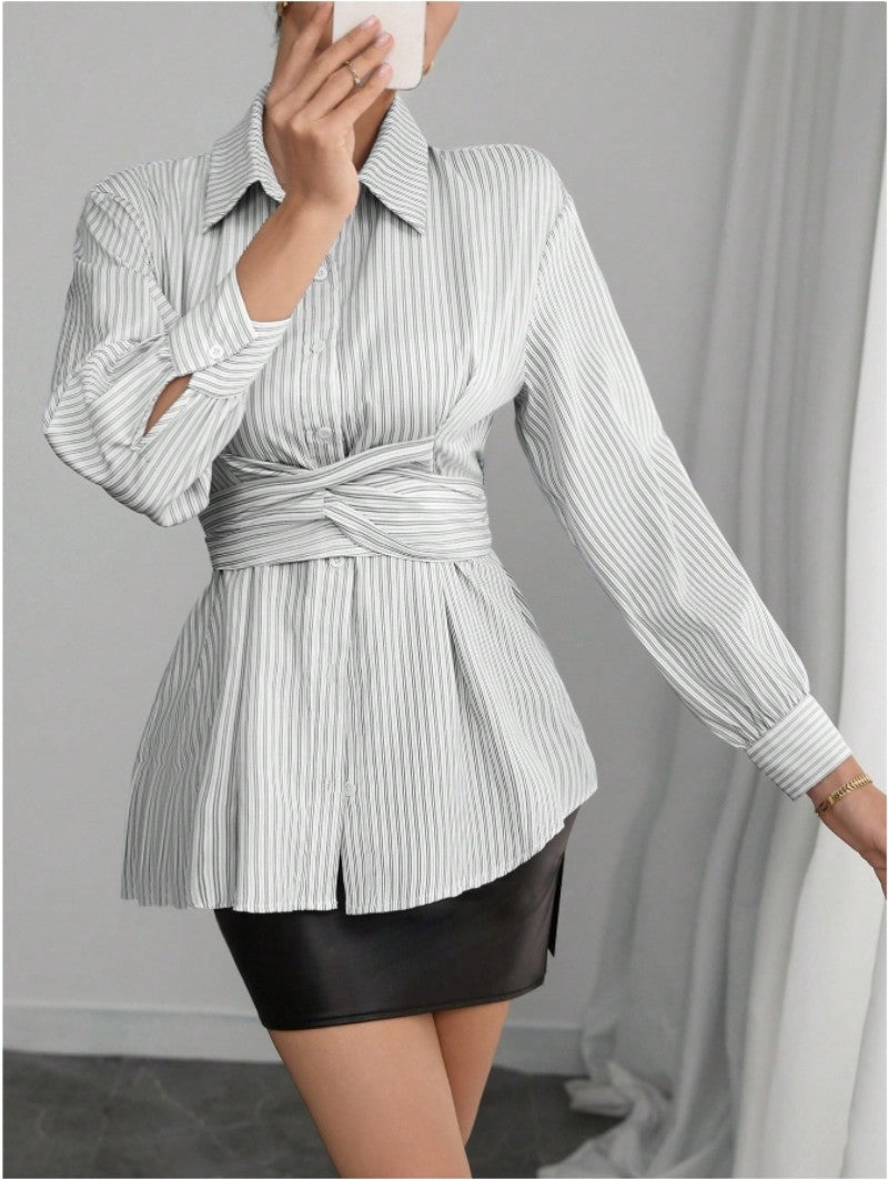 Women's Striped Tie Waist Long Sleeve Button Down Shirt