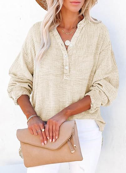 Women's Oversized Long Sleeve Crinkle Cotton Button Blouse