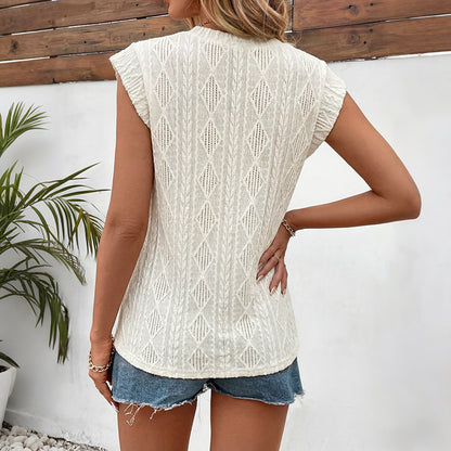 Textured Knit Top Jacquard Short Sleeve Casual Sweater Tee