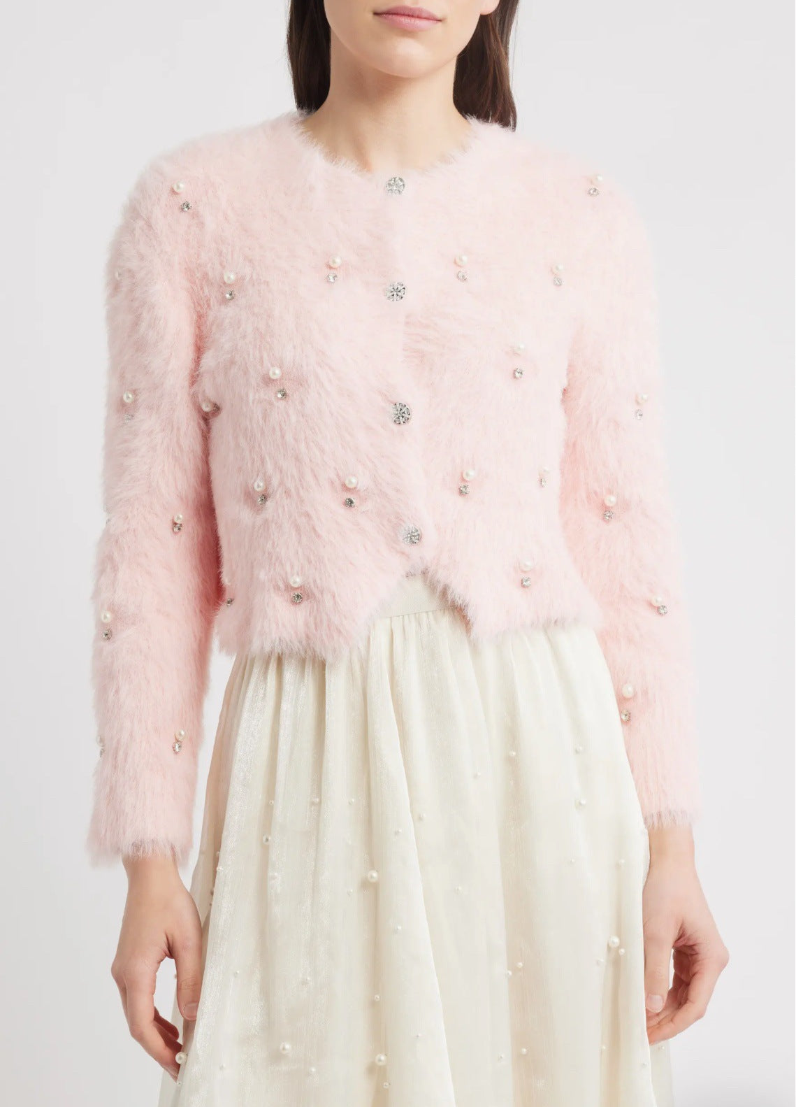Women's Fuzzy Pearl Embellished Cropped Cardigan Sweater