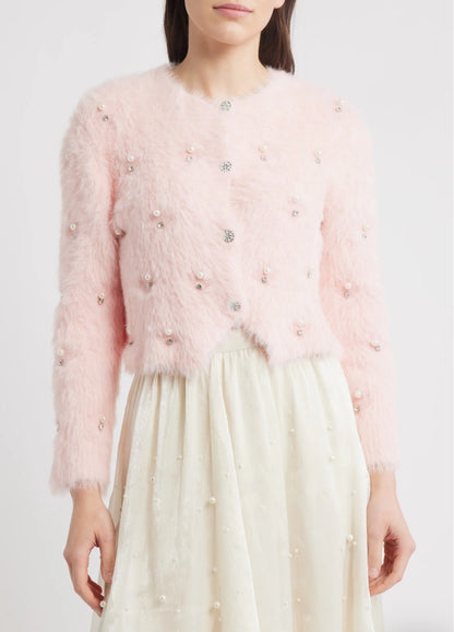 Women's Fuzzy Pearl Embellished Cropped Cardigan Sweater