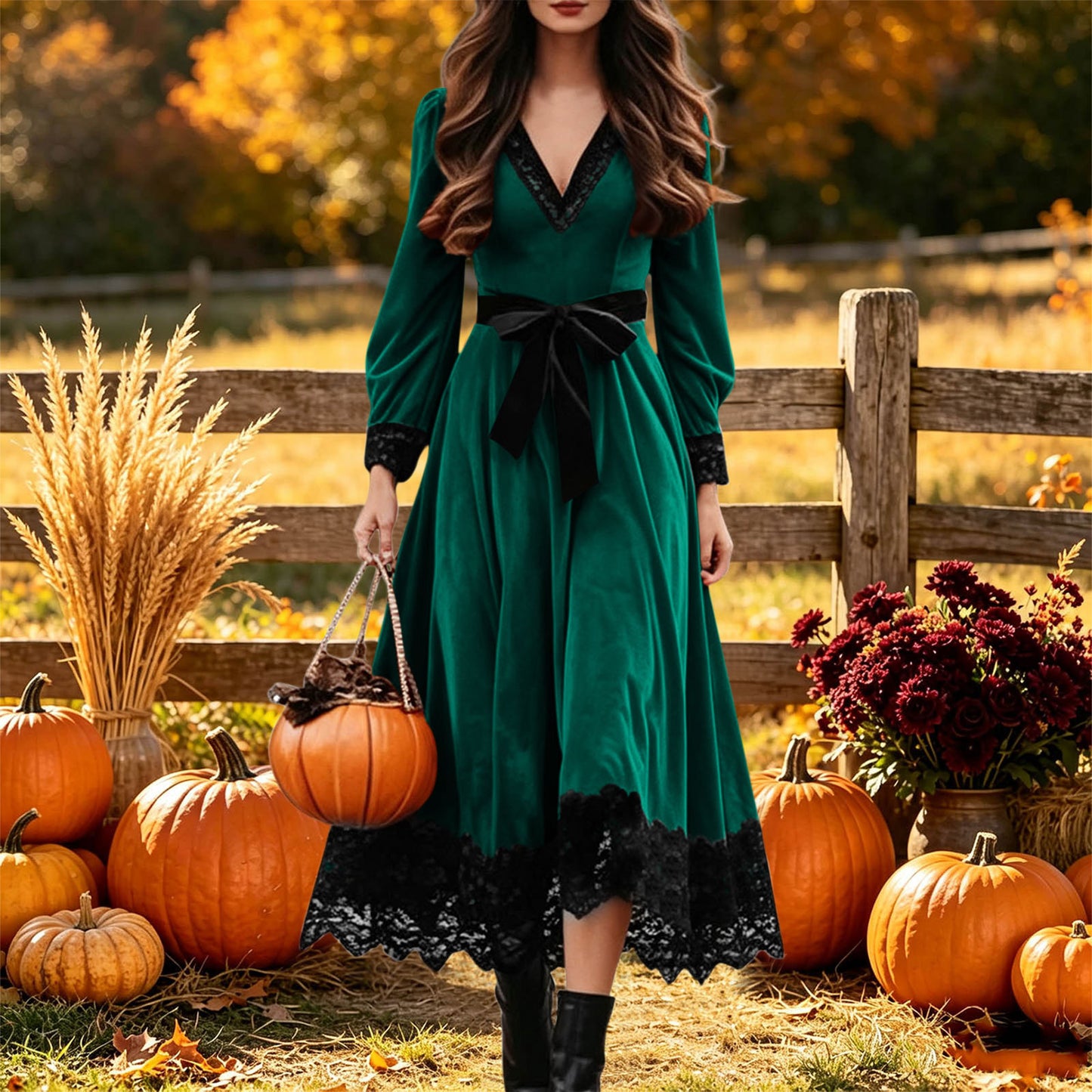 Velvet Maxi Dress V-Neck Lace Trim Puff Sleeve Flowy