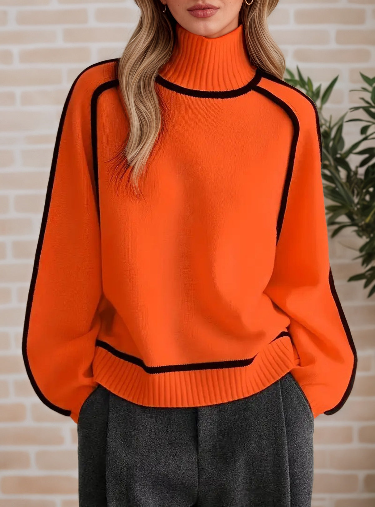 Women's Mock Neck Ribbed Sweater Contrast Trim Pullover