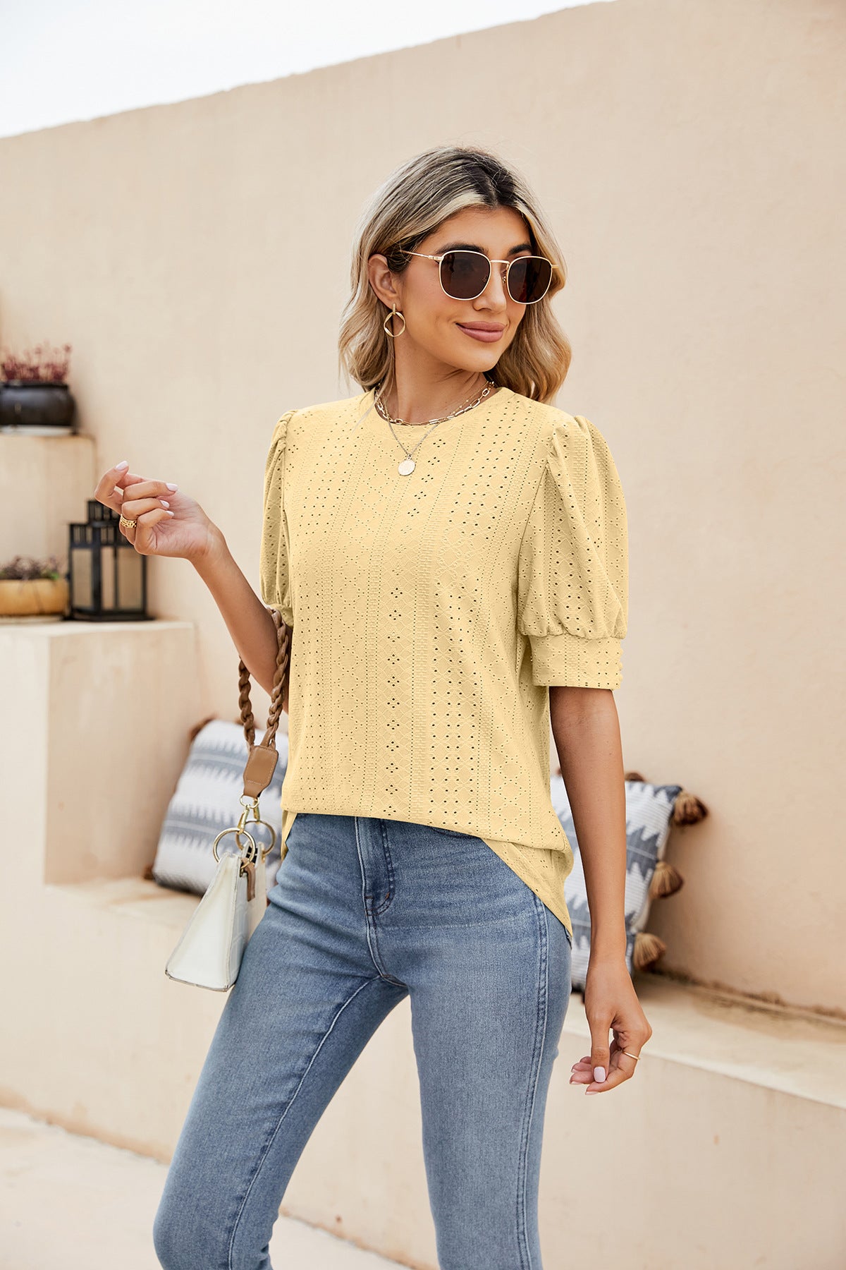 Sweet Puff Sleeve Shirt with Embroidered Cutouts