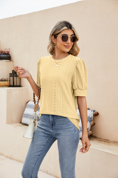 Sweet Puff Sleeve Shirt with Embroidered Cutouts