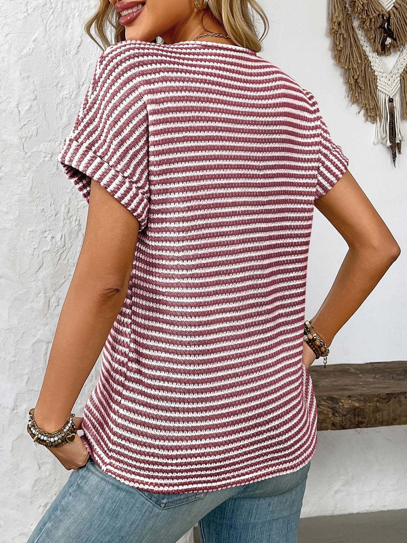 Women’s V-Neck Striped Loose Fit Short Sleeve Tee