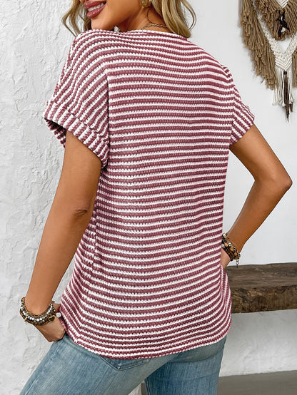 Women’s V-Neck Striped Loose Fit Short Sleeve Tee
