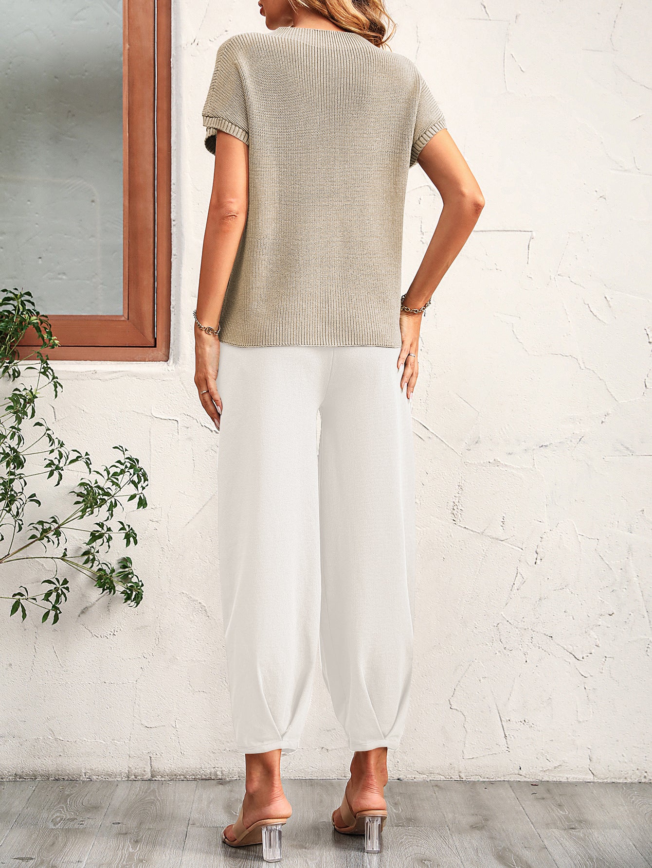 Colorblock Short-Sleeve Sweater & Pants Lounge Set