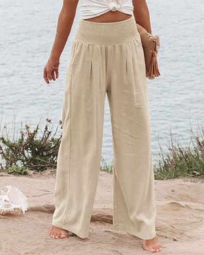 Women's Smocked High Waist Wide Leg Cotton Pants Pockets