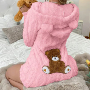 Women's Fuzzy Bear Hooded Romper Shorts Onesie