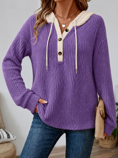 Women's Henley Hoodie V Neck Button Drawstring Top