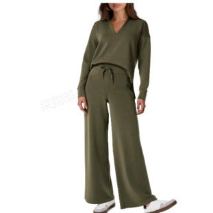 Women's 2-Piece Set Collared Top Drawstring Wide Leg Pants