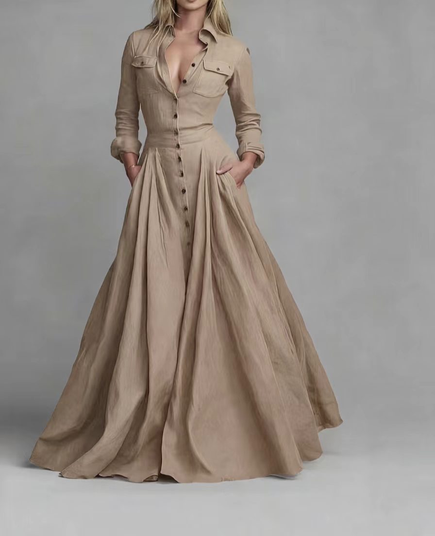 Women's Long Sleeve Collared Maxi Dress A-Line with Pockets