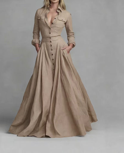 Women's Long Sleeve Collared Maxi Dress A-Line with Pockets
