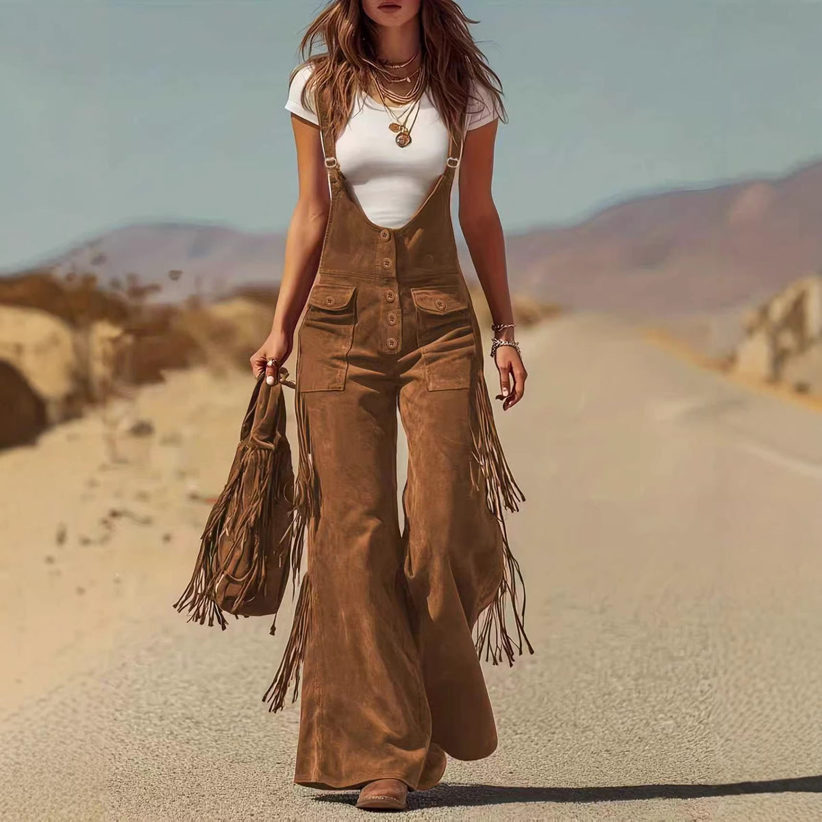 Women's Fringe Suede Overalls Wide Leg Western Boho