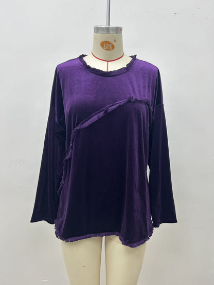 Women's Velvet Fringe Long Sleeve Round Neck Top