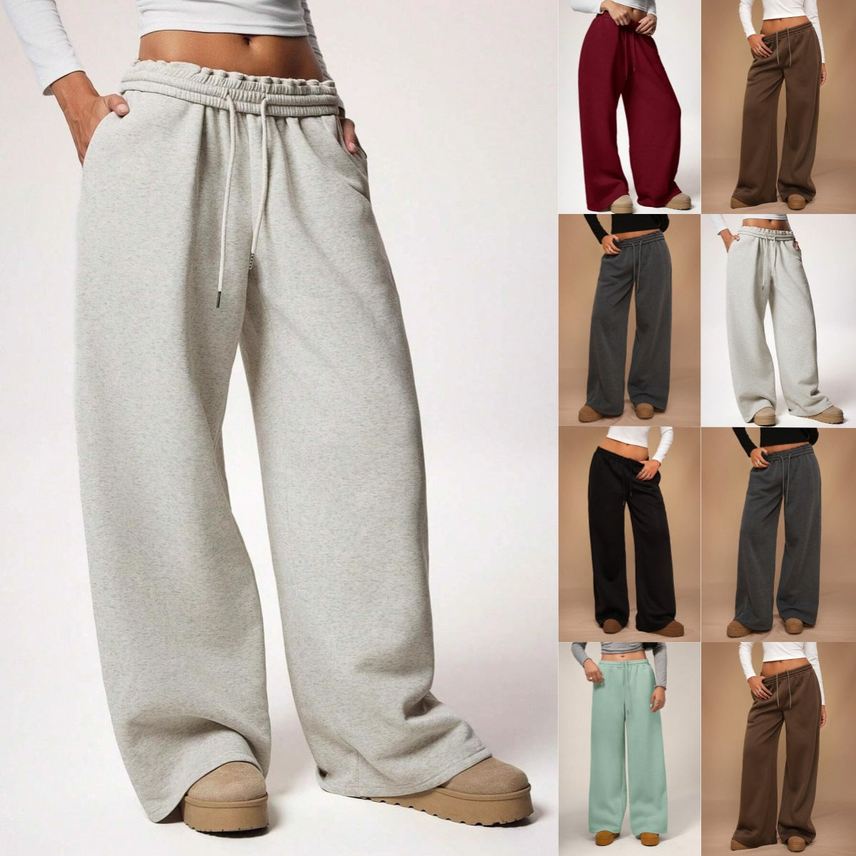 Women Fleece Wide Leg Sweatpants Drawstring Lounge Pants