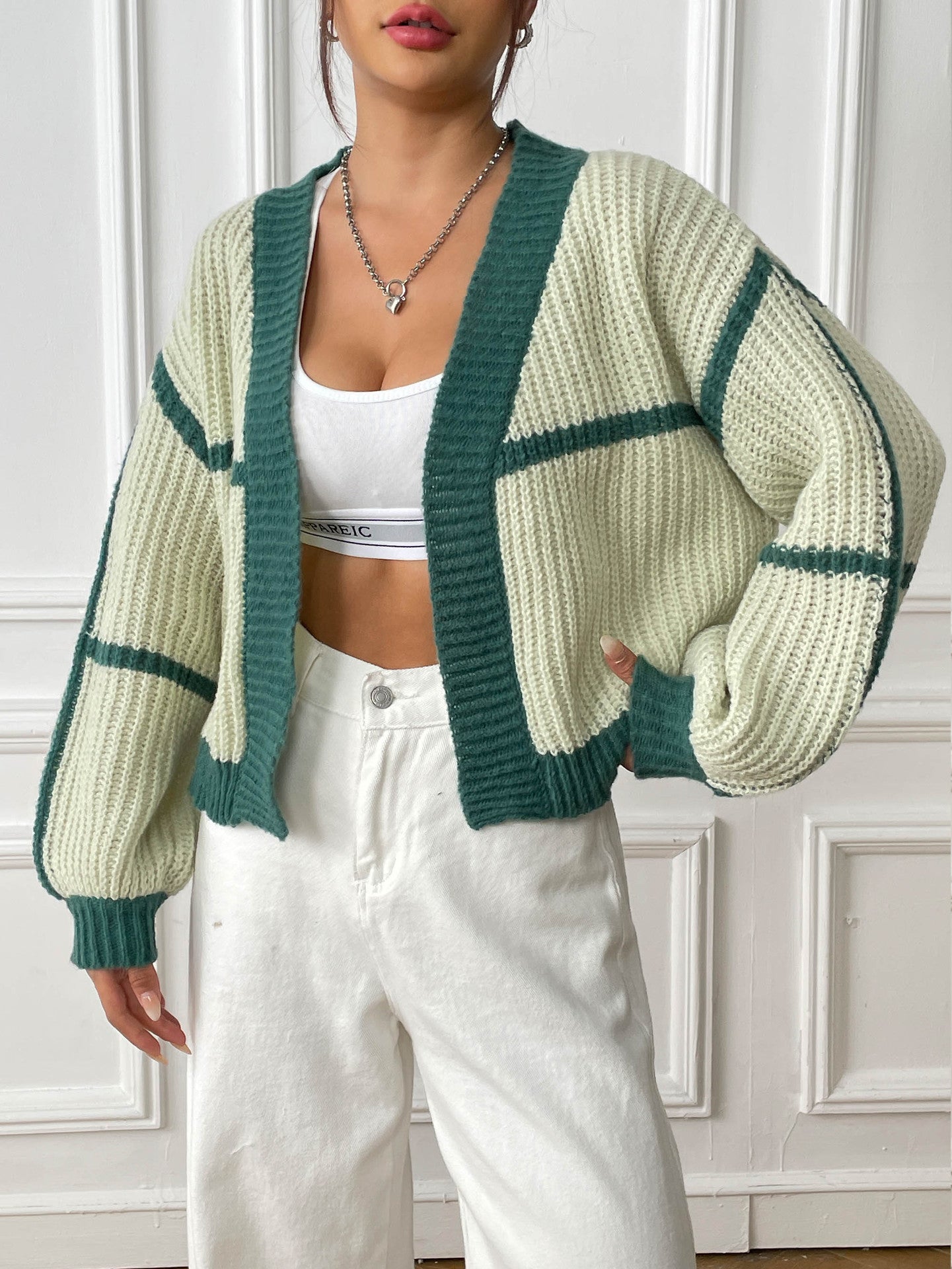 Women's Cardigan Jacket Contrasting Color Splicing Short Casual Loose