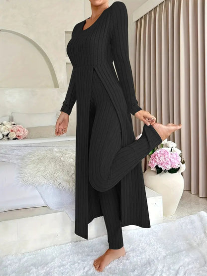 Ribbed Knit Side Slit Long Sleeve Pants Two Piece Set