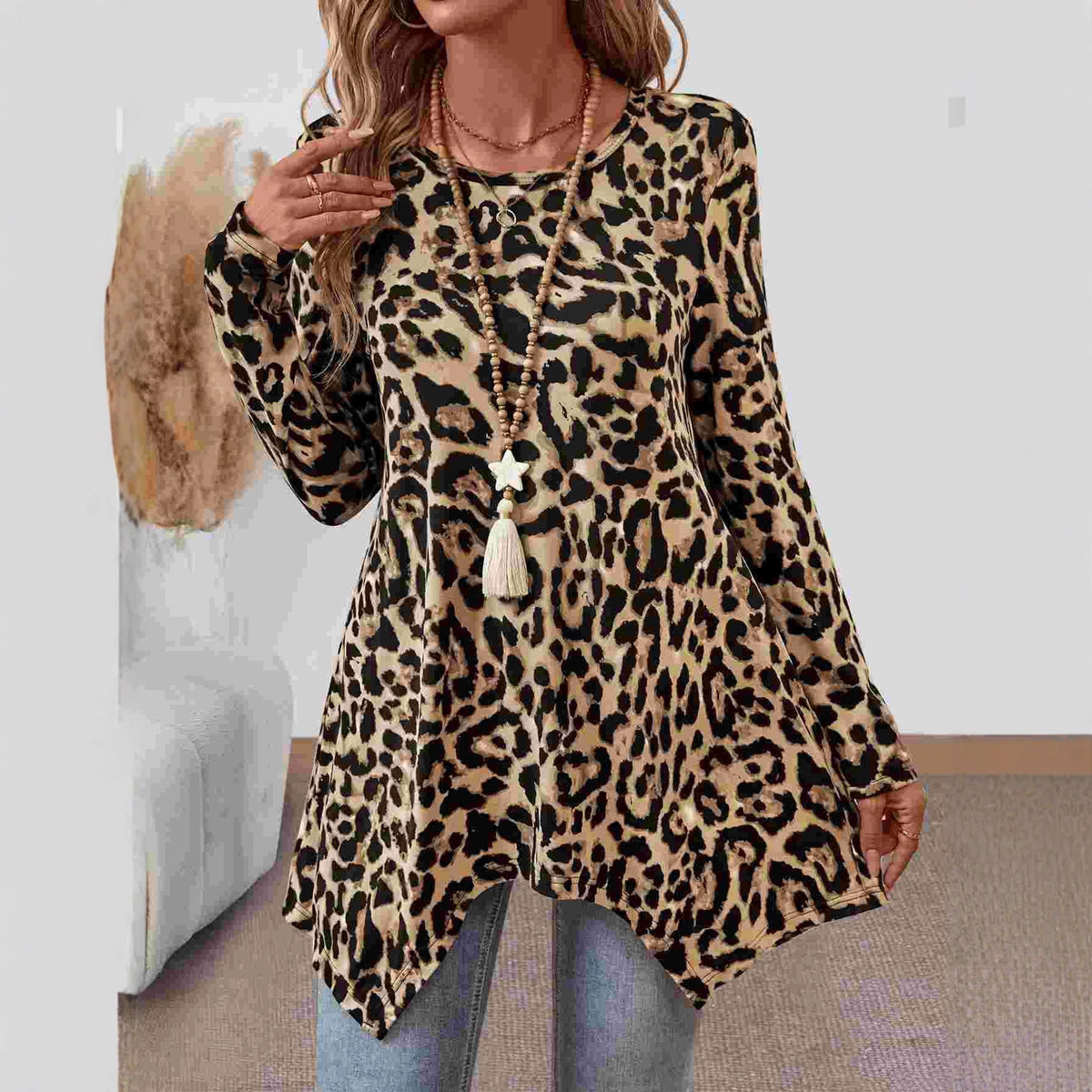 Women's Leopard Print Long Sleeve Tunic Asymmetric Hem Top
