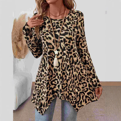 Women's Leopard Print Long Sleeve Tunic Asymmetric Hem Top