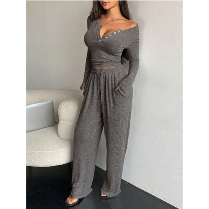 Women's 2 Piece Lounge Set Henley Crop Top Wide Leg Pants