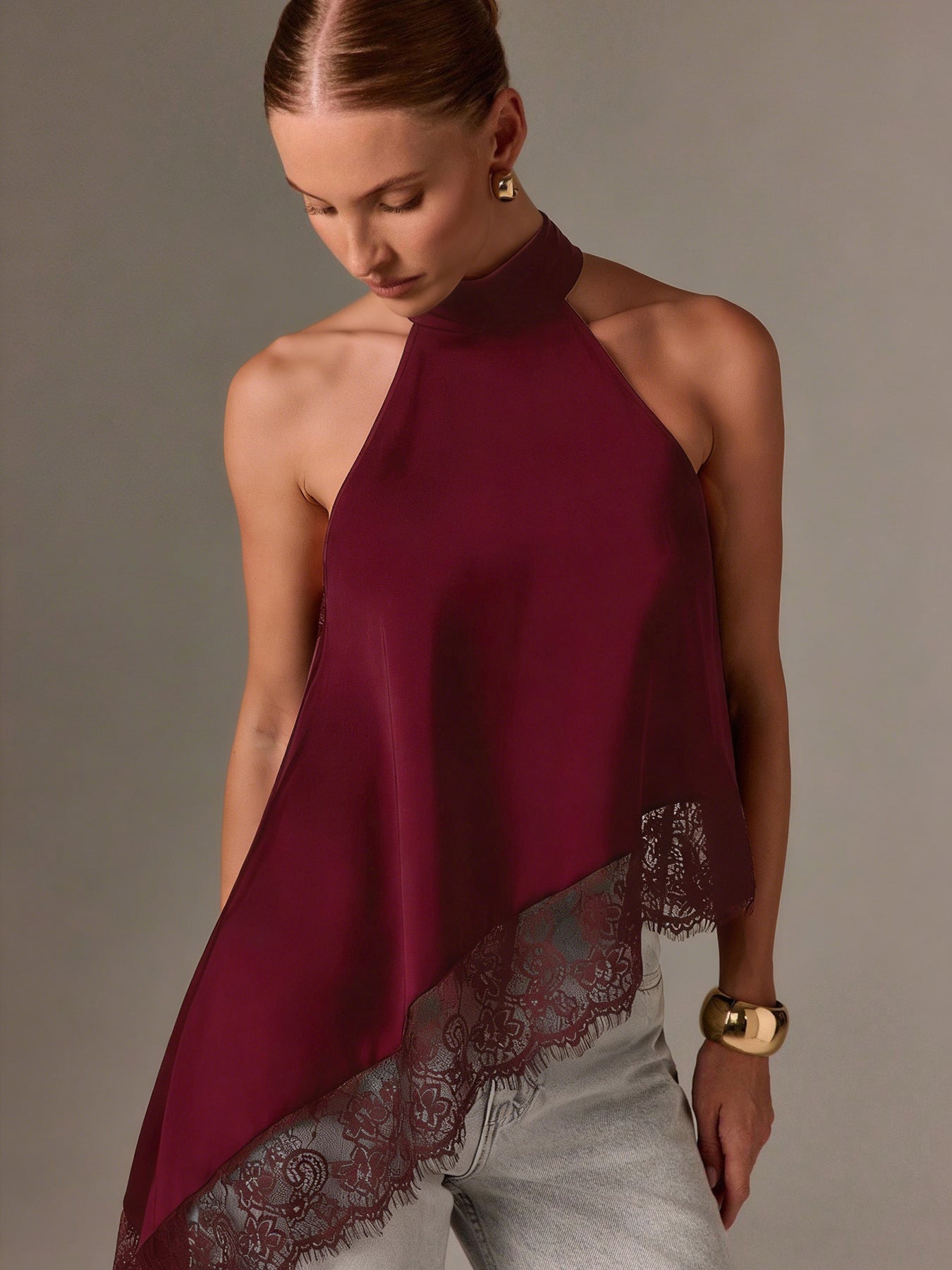 Satin Lace Trim Halter Tank Sleeveless Summer Top