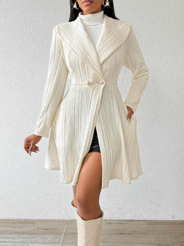 Women's Fitted Flared Textured Lapel Midi Coat