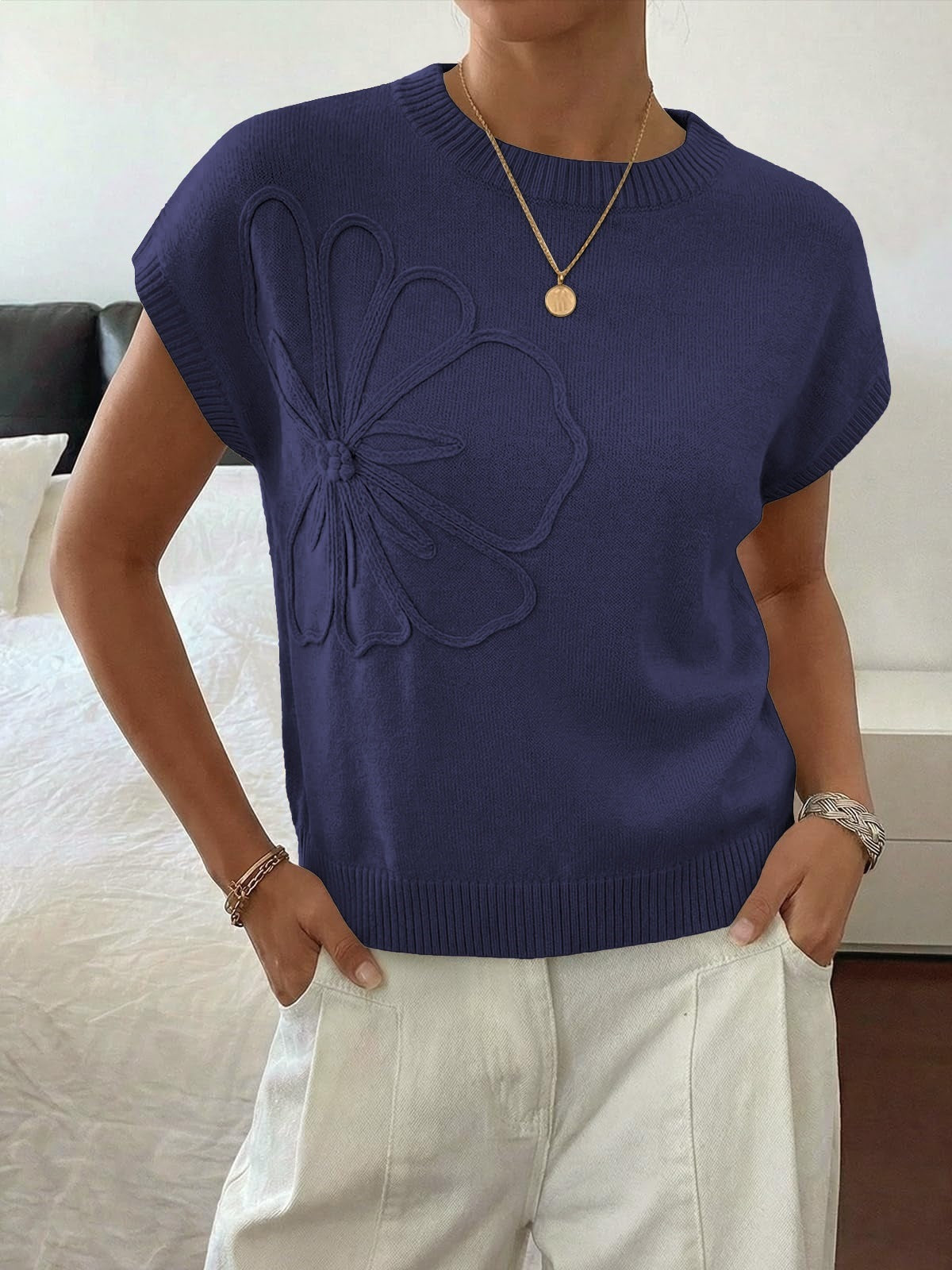 Floral Knit Sweater Short Sleeve Textured Summer Top