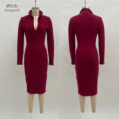 Elegant Ribbed Bodycon Long Sleeve Midi Sweater Dress