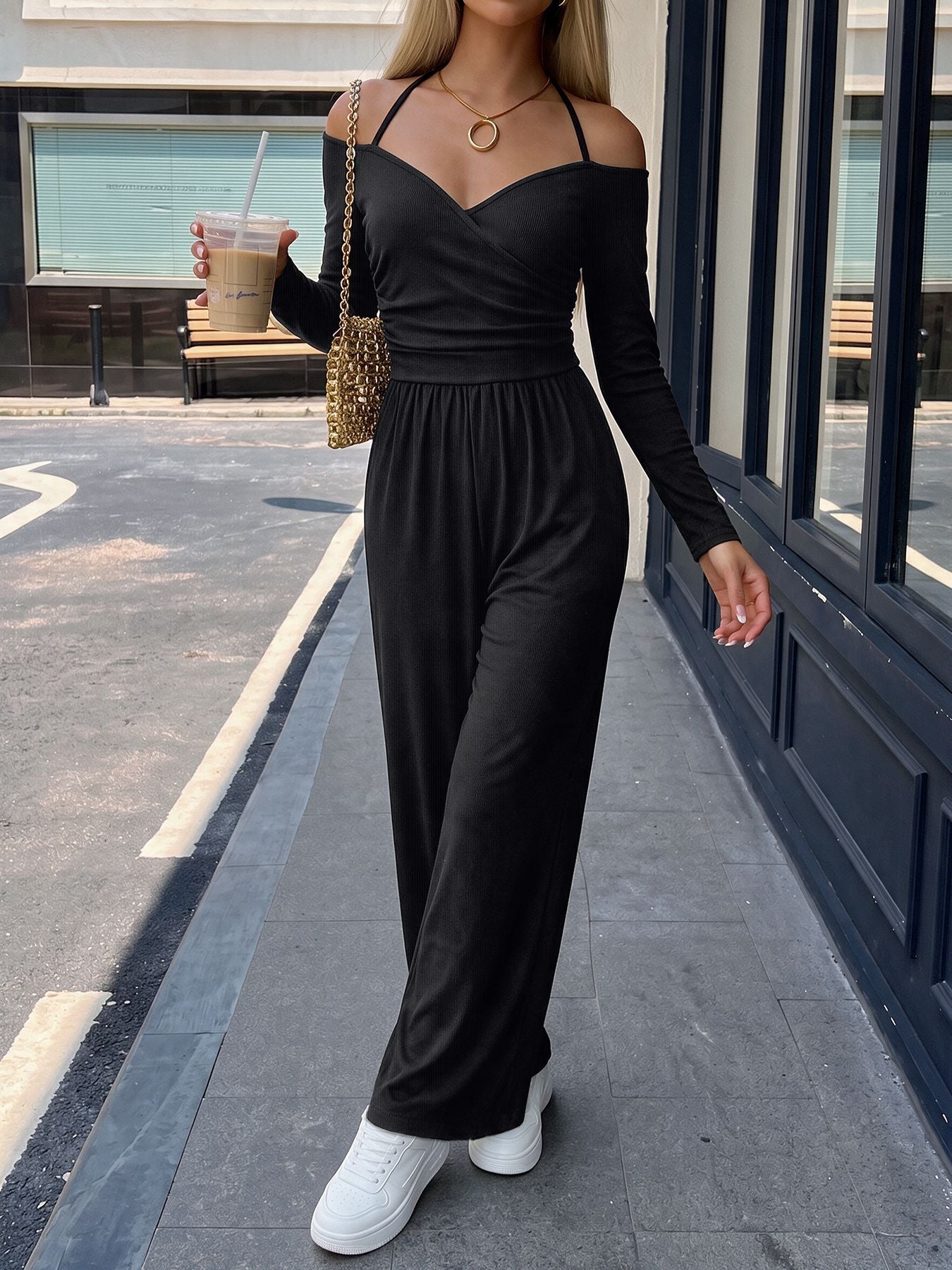 Women's Black Halter Off Shoulder Wide Leg Jumpsuit