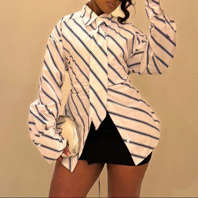 Striped Tie Neck Fitted Long Sleeve Button Down Shirt