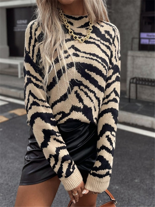 Zebra Print Oversized Chunky Knit Crew Neck Sweater