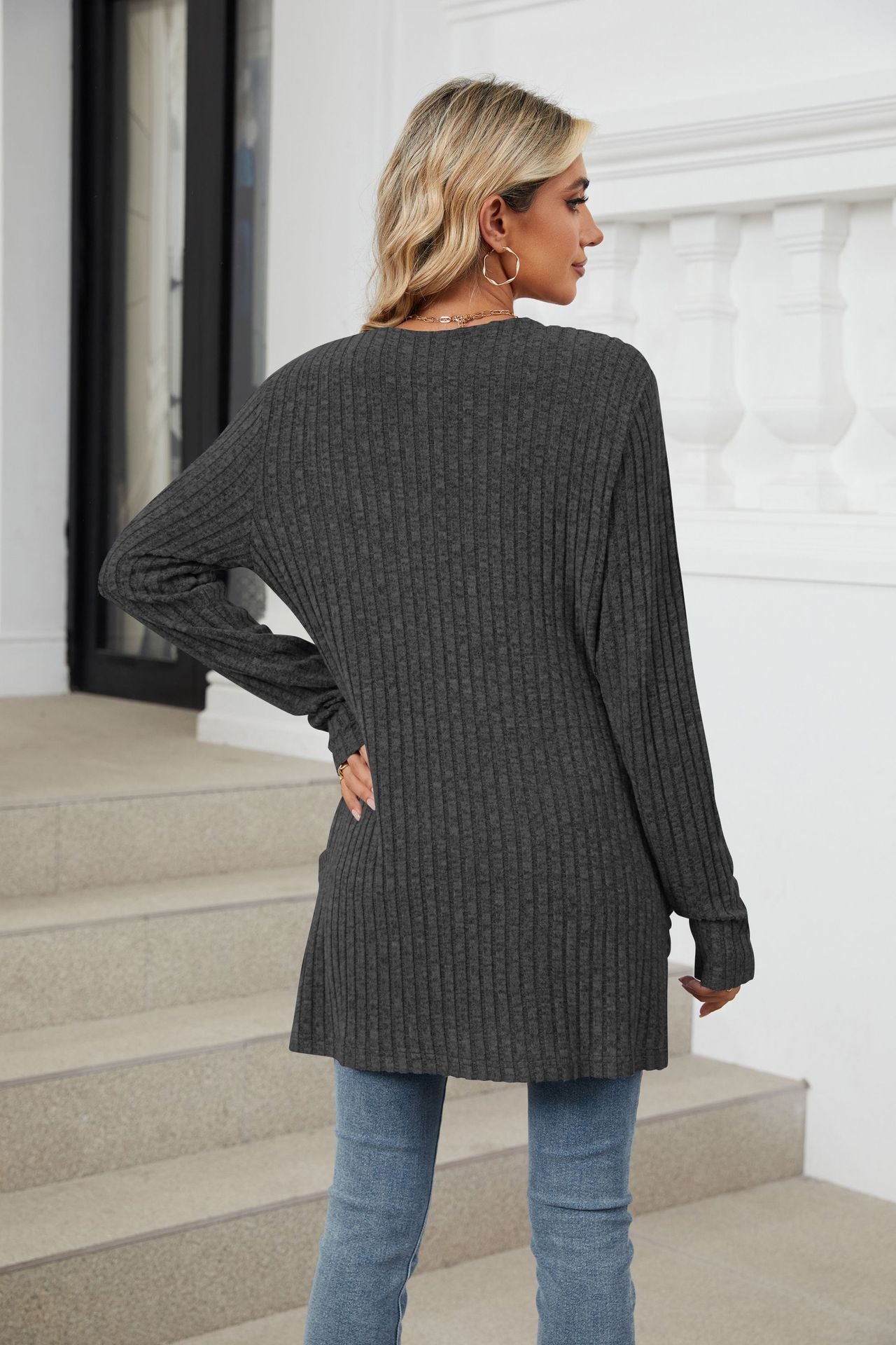 Simple Pocketed Long Sleeve Cardigan Knit Top