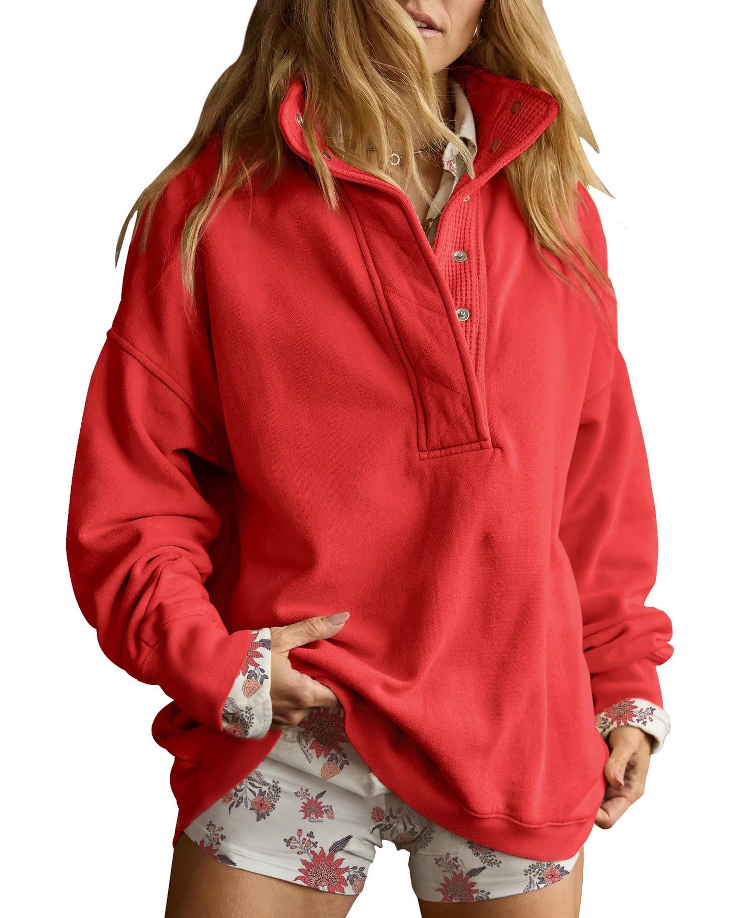 Half Snap Pullover Sweatshirt Oversized Long Sleeve