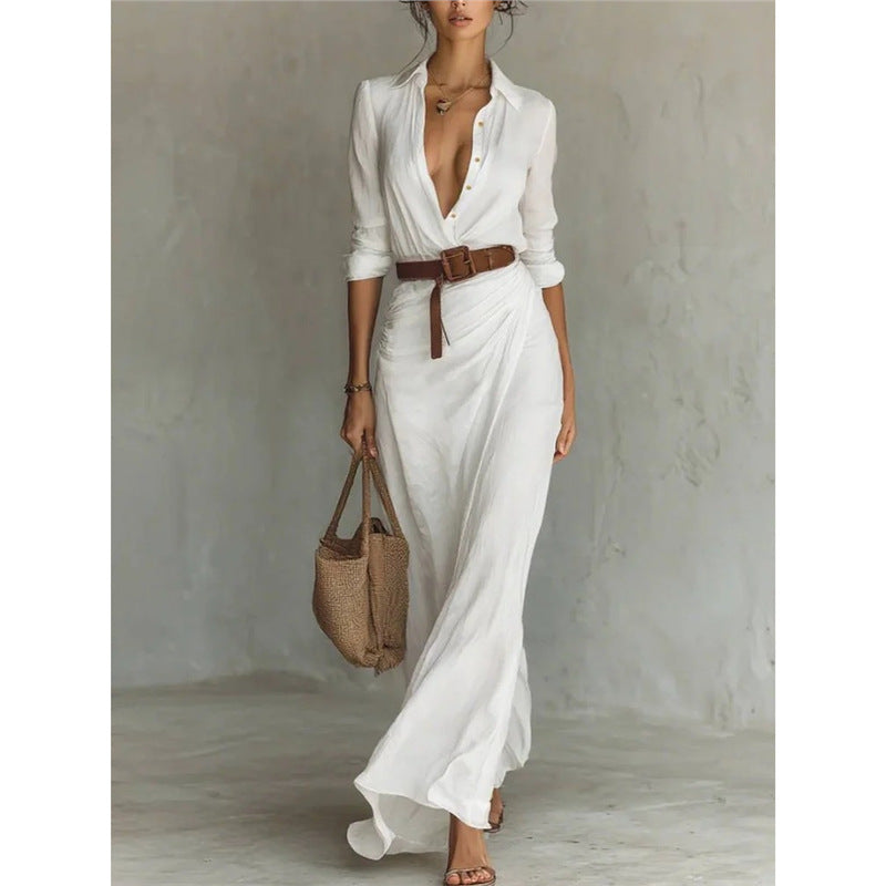 Women's Belted V-Neck Long Sleeve Asymmetrical Midi Dress