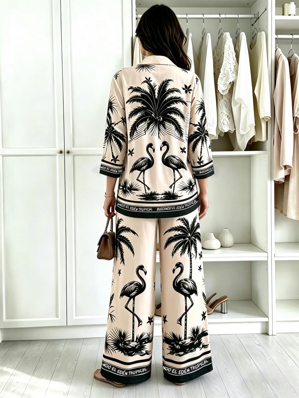 Tropical Print Button Down Wide Leg Pants Set