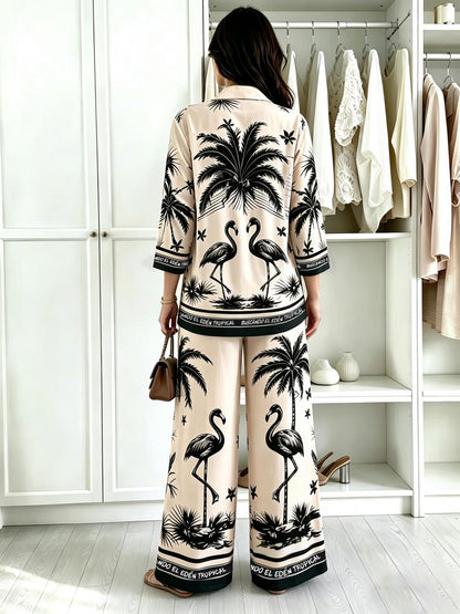 Tropical Print Button Down Wide Leg Pants Set