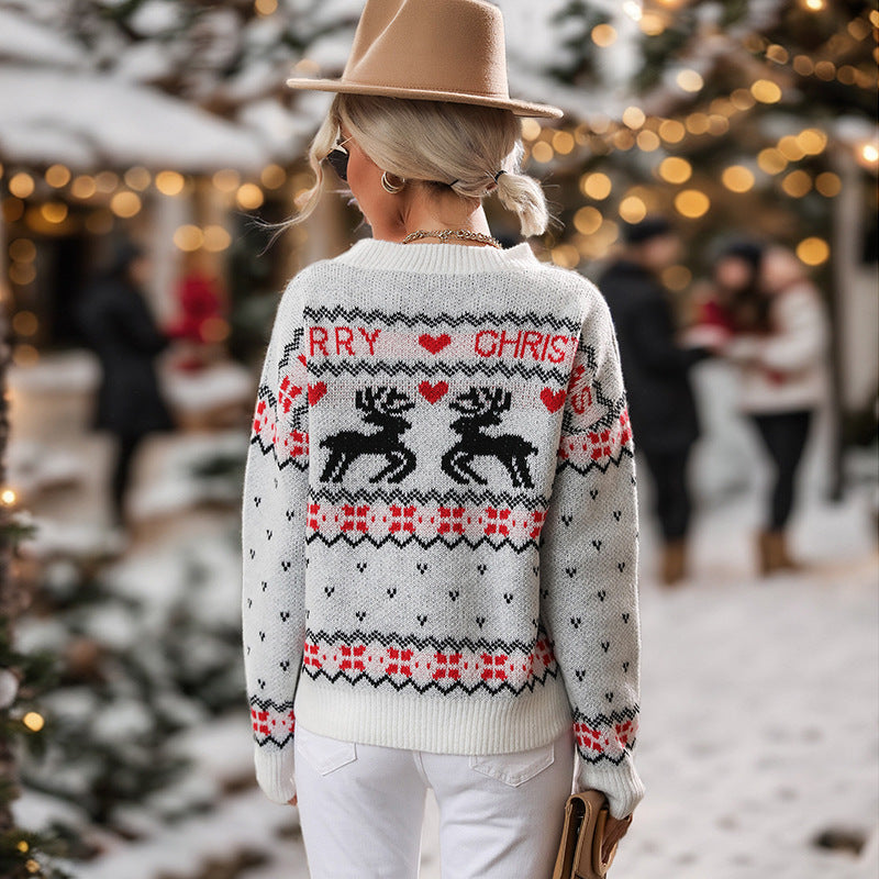 Knitted Long Sleeve Pullover Crew Neck Christmas Ladies Sweater