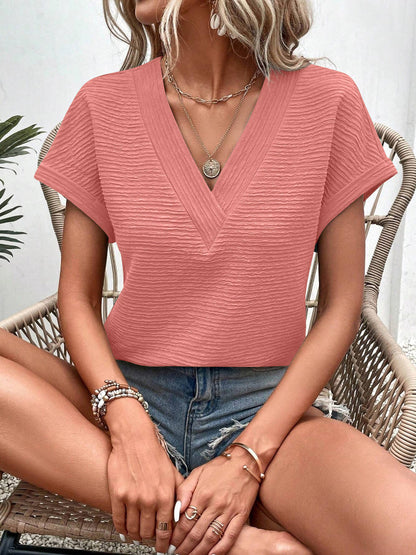 Textured V Neck Short Sleeve Top for Summer Women